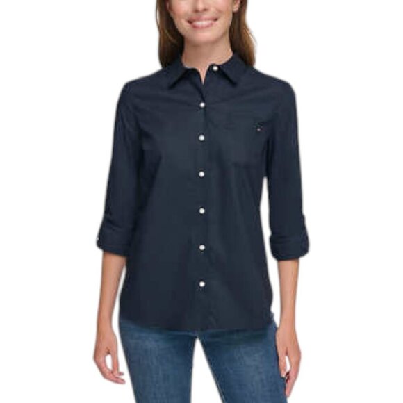 NEW Tommy Hilfiger Roll-Tab Button Up Shirt | Navy - Picture 4 of 9